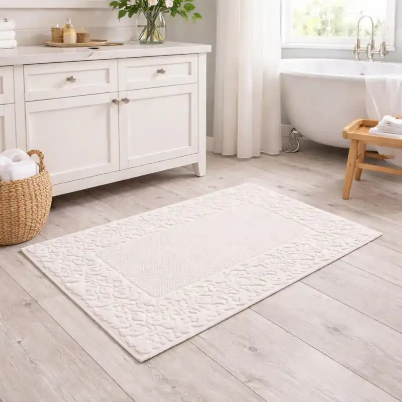 CLASSIC - Tappeto da Bagno Tinta Unita con Greca in Rilievo - Spugna di Cotone - Panna