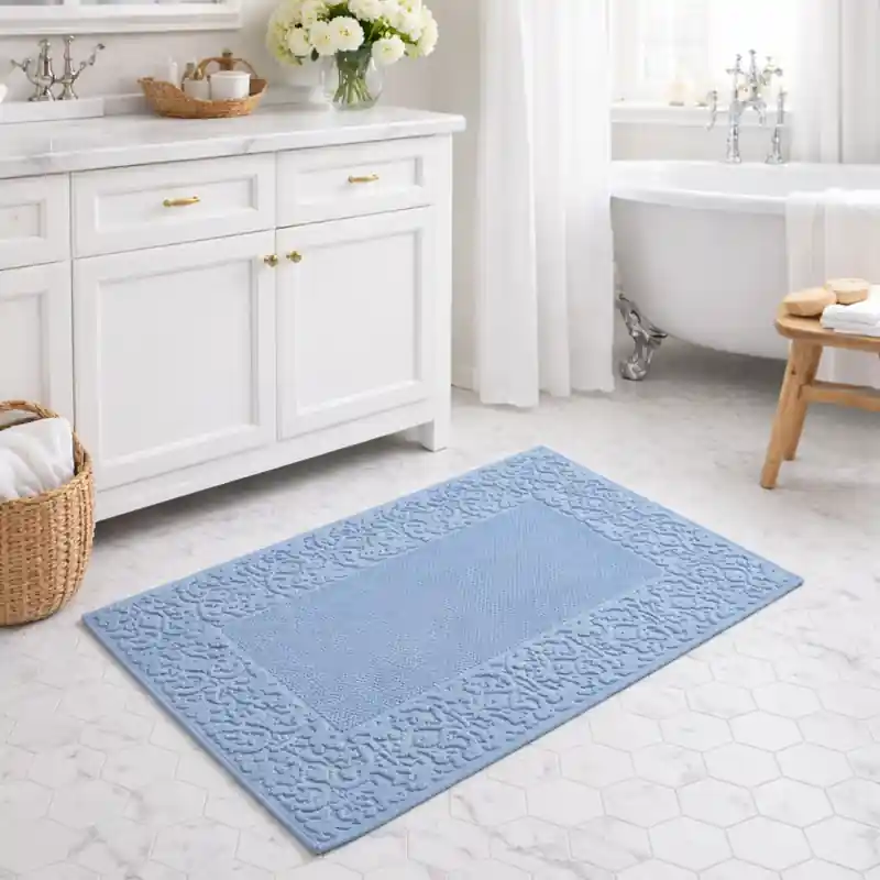 CLASSIC - Tappeto da Bagno Tinta Unita con Greca in Rilievo - Spugna di Cotone - Azzurro