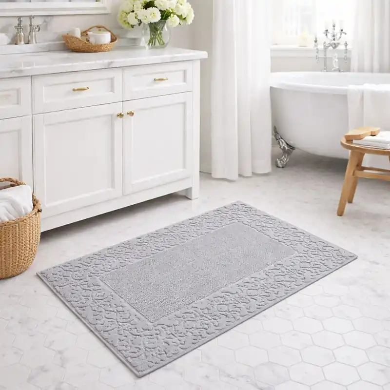 CLASSIC - Tappeto da Bagno Tinta Unita con Greca in Rilievo - Spugna di Cotone - Grigio