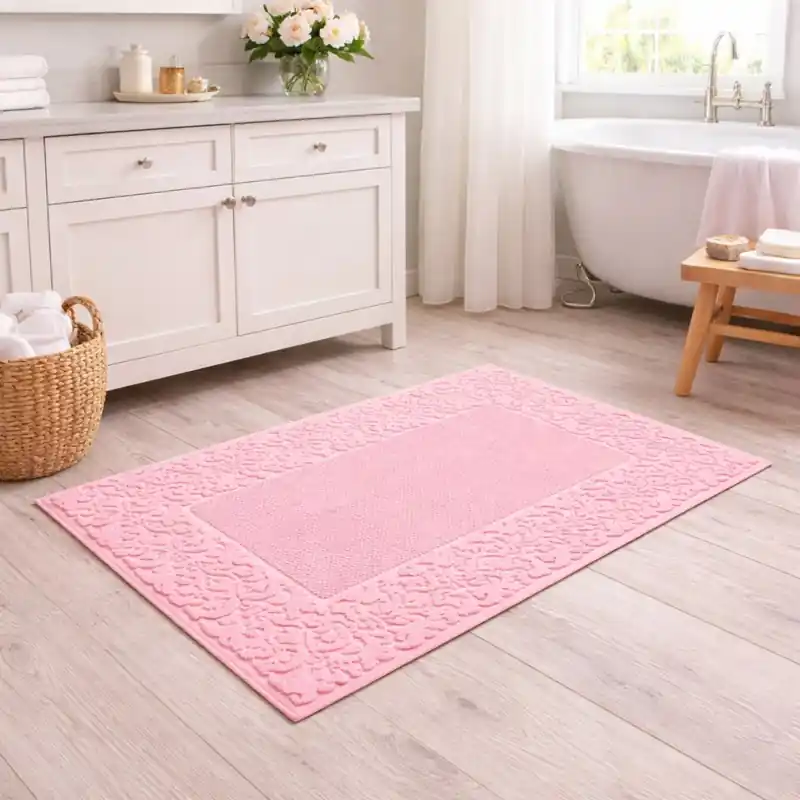 CLASSIC - Tappeto da Bagno Tinta Unita con Greca in Rilievo - Spugna di Cotone - Rosa
