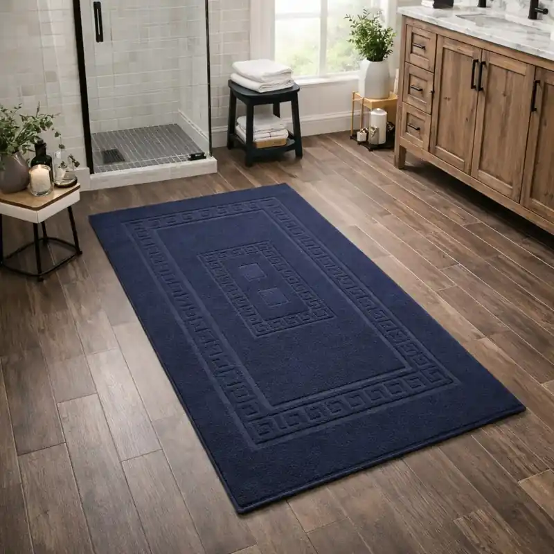 SIENA - Tappeto da Bagno Tinta Unita con Greca - Spugna di Cotone - Blu