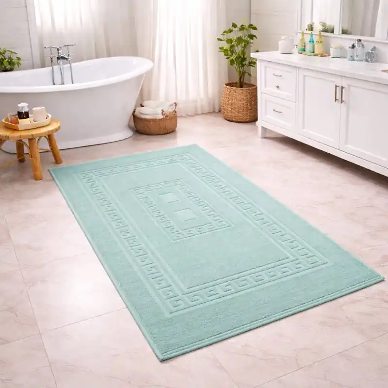 SIENA - Tappeto da Bagno Tinta Unita con Greca - Spugna di Cotone - Verde Acqua