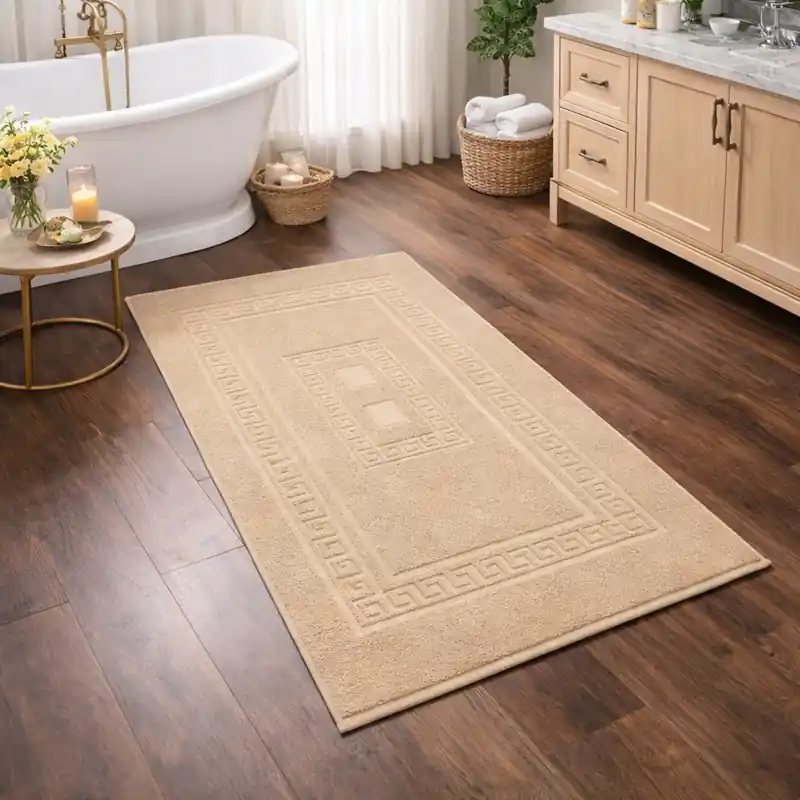 SIENA - Tappeto da Bagno Tinta Unita con Greca - Spugna di Cotone - Beige