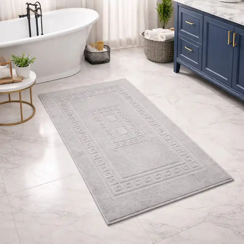SIENA - Tappeto da Bagno Tinta Unita con Greca - Spugna di Cotone - Grigio