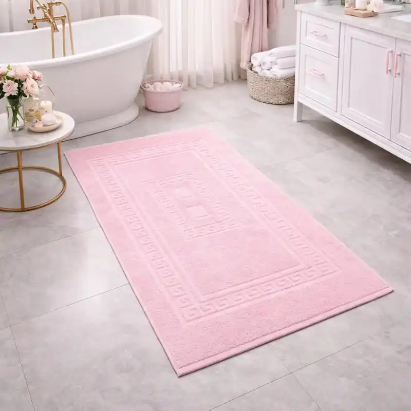 SIENA - Tappeto da Bagno Tinta Unita con Greca - Spugna di Cotone - Rosa