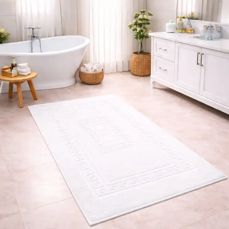 SIENA - Tappeto da Bagno Tinta Unita con Greca - Spugna di Cotone - Bianco