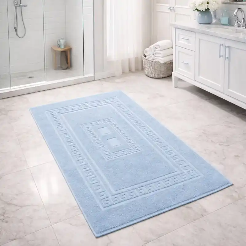 SIENA - Tappeto da Bagno Tinta Unita con Greca - Spugna di Cotone - Azzurro