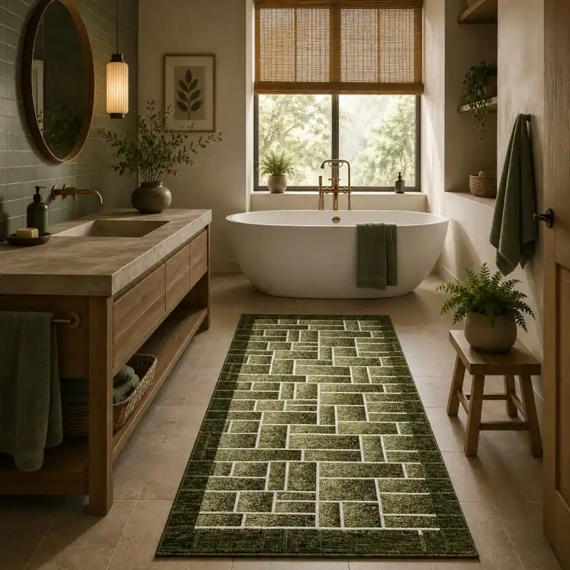 BRICK - Tappeto Passatoia da Bagno - Moderno Geometrico - Lavabile ed Antiscivolo - Ciniglia Jacquard - Verde