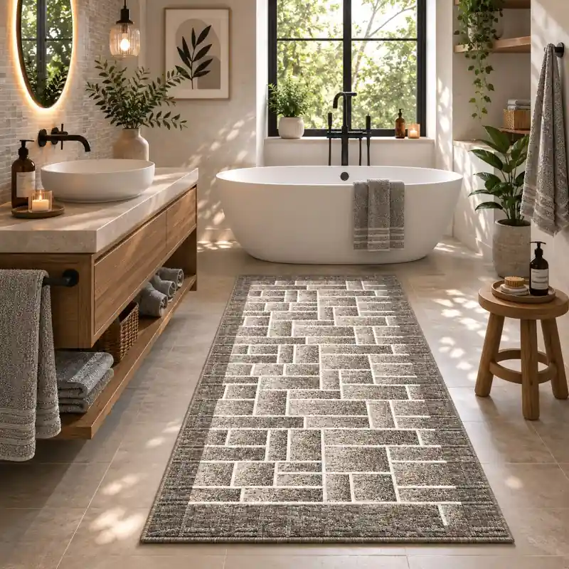 BRICK - Tappeto Passatoia da Bagno - Moderno Geometrico - Lavabile ed Antiscivolo - Ciniglia Jacquard - Tortora