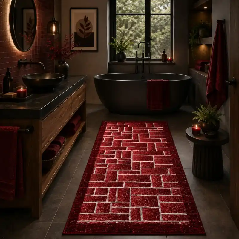 BRICK - Tappeto Passatoia da Bagno - Moderno Geometrico - Lavabile ed Antiscivolo - Ciniglia Jacquard - Rosso