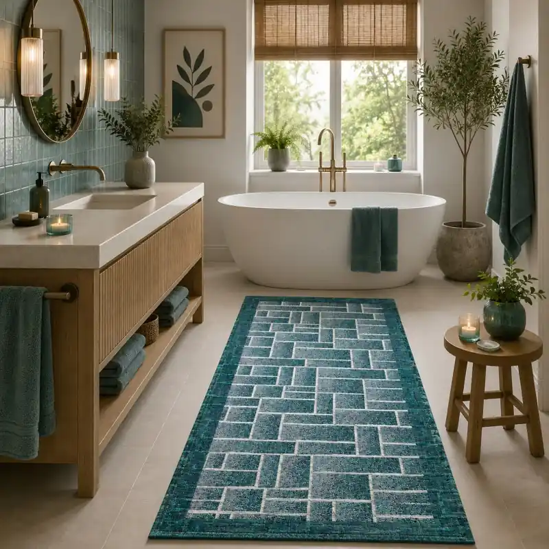 BRICK - Tappeto Passatoia da Bagno - Moderno Geometrico - Lavabile ed Antiscivolo - Ciniglia Jacquard - Jeans