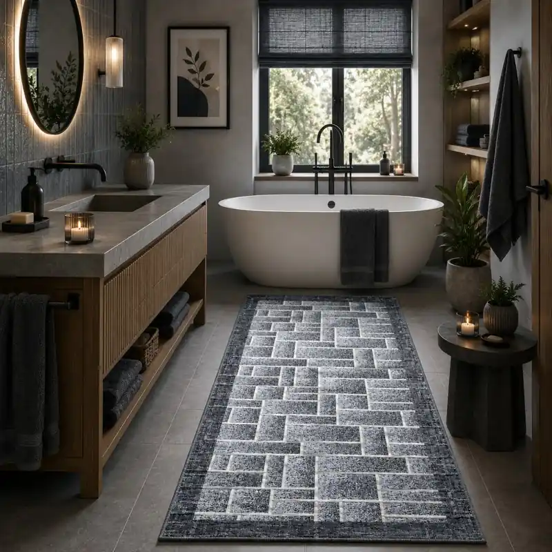 BRICK - Tappeto Passatoia da Bagno - Moderno Geometrico - Lavabile ed Antiscivolo - Ciniglia Jacquard - Grigio