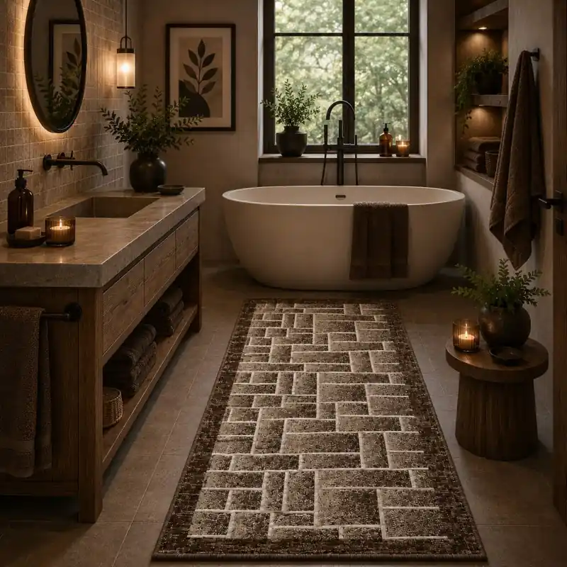 BRICK - Tappeto Passatoia da Bagno - Moderno Geometrico - Lavabile ed Antiscivolo - Ciniglia Jacquard - Fango