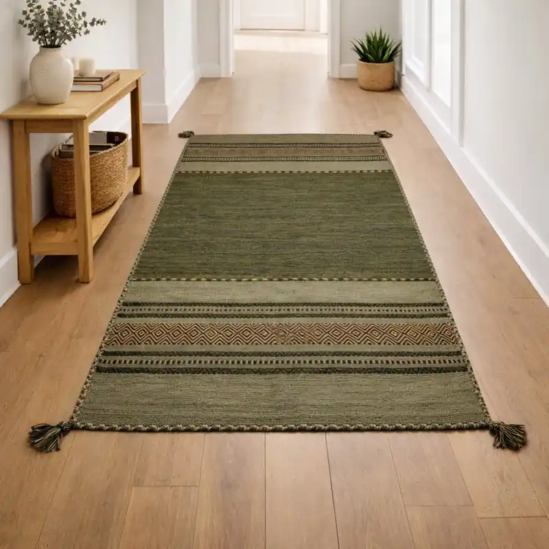 KILIM OLD - Tappeto Corsia Passatoia Artigianale Annodato a mano con frange - Ciniglia & Cotone - Verde