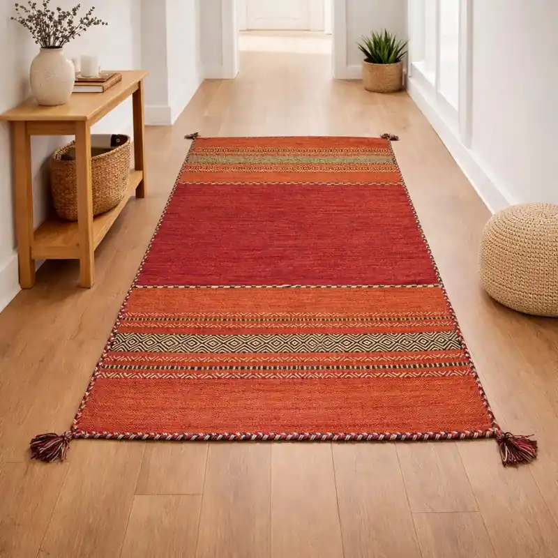 KILIM OLD - Tappeto Corsia Passatoia Artigianale Annodato a mano con frange - Ciniglia & Cotone - Rosso