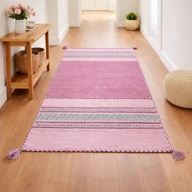 KILIM OLD - Tappeto Corsia Passatoia Artigianale Annodato a mano con frange - Ciniglia & Cotone - Rosa