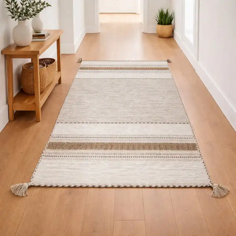 KILIM OLD - Tappeto Corsia Passatoia Artigianale Annodato a mano con frange - Ciniglia & Cotone - Ocra