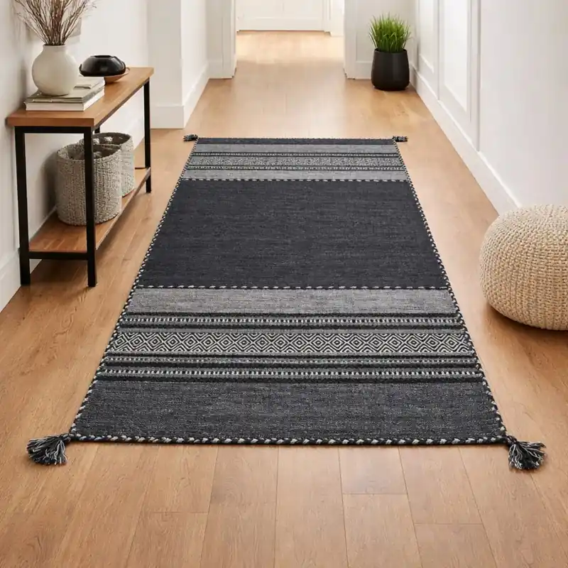 KILIM OLD - Tappeto Corsia Passatoia Artigianale Annodato a mano con frange - Ciniglia & Cotone - Grigio