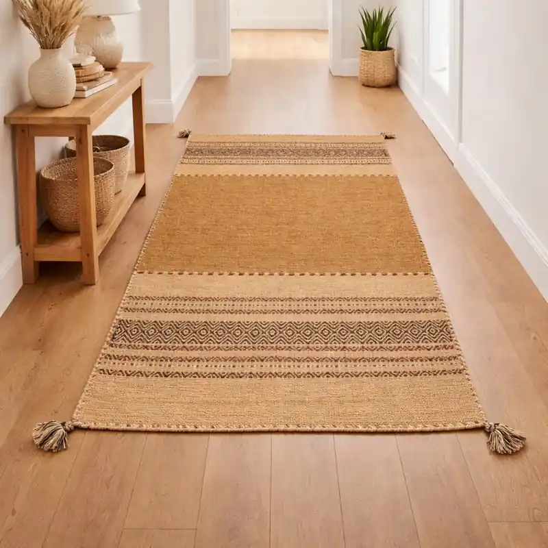 KILIM OLD - Tappeto Corsia Passatoia Artigianale Annodato a mano con frange - Ciniglia & Cotone - Cuoio