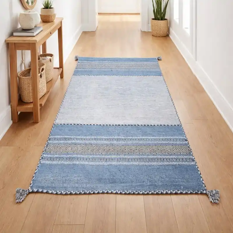 KILIM OLD - Tappeto Corsia Passatoia Artigianale Annodato a mano con frange - Ciniglia & Cotone - Azzurro