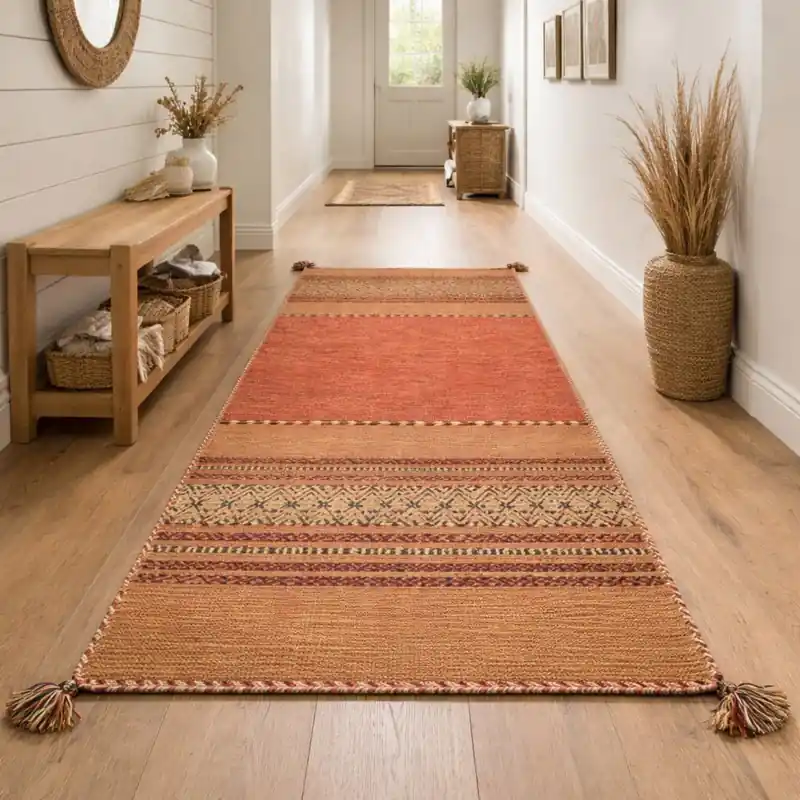KILIM OLD - Tappeto Corsia Passatoia Artigianale Annodato a mano con frange - Ciniglia & Cotone - Arancio
