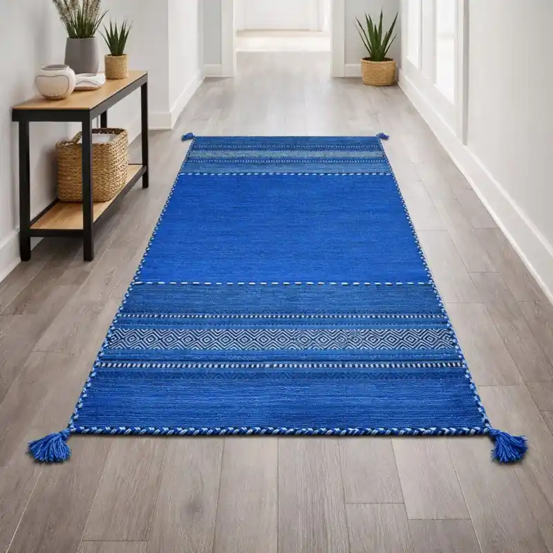 KILIM OLD - Tappeto Corsia Passatoia Artigianale Annodato a mano con frange - Ciniglia & Cotone - Blu