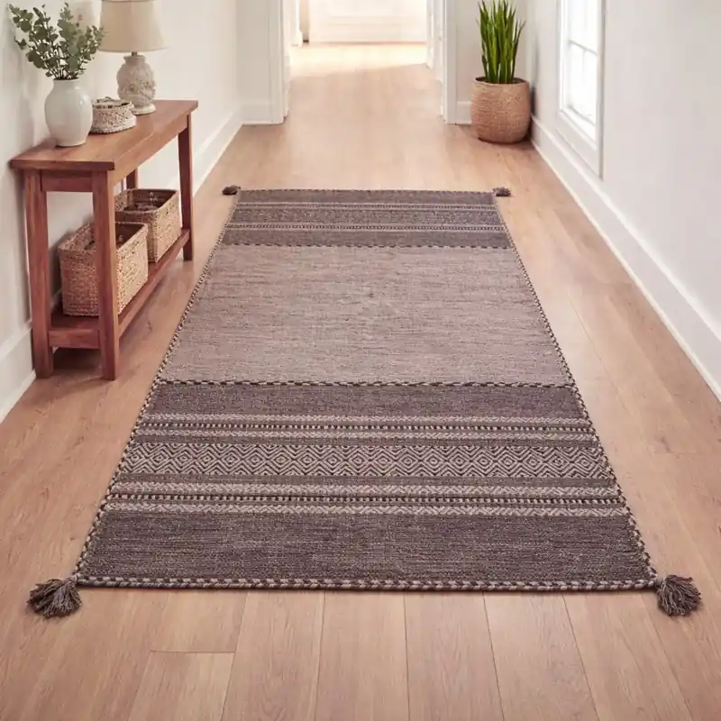 KILIM OLD - Tappeto Corsia Passatoia Artigianale Annodato a mano con frange - Ciniglia & Cotone - Beige