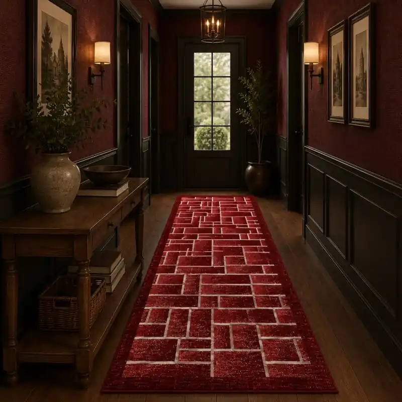 BRICK - Tappeto Passatoia Corsia - Moderno Geometrico - Lavabile ed Antiscivolo - Ciniglia Jacquard - Rosso