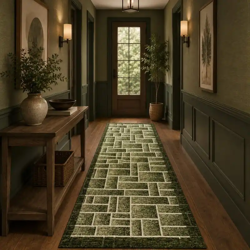 BRICK - Tappeto Passatoia Corsia - Moderno Geometrico - Lavabile ed Antiscivolo - Ciniglia Jacquard - Verde