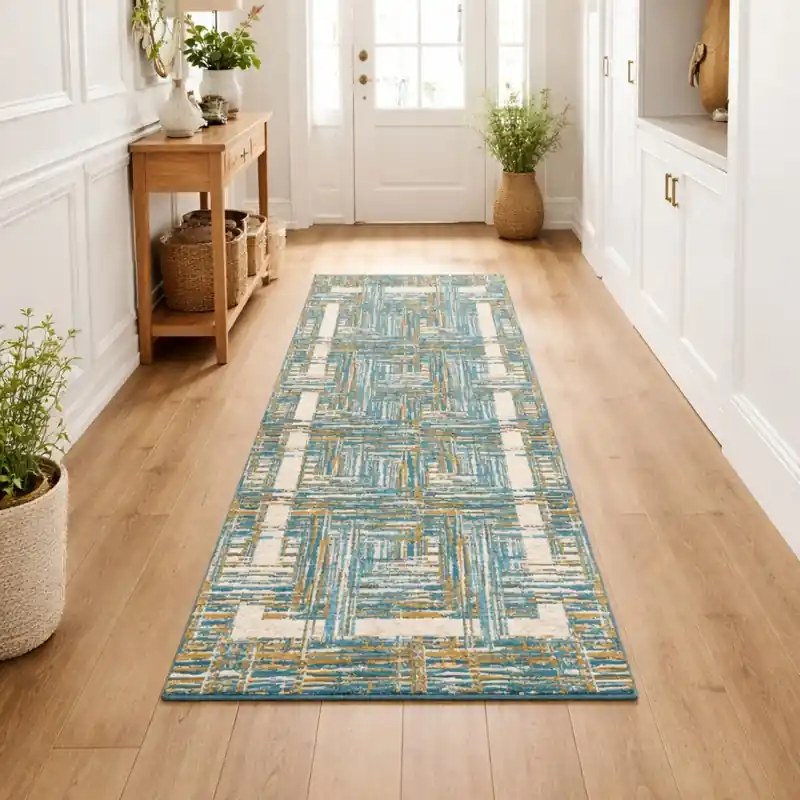 THAILAND - Tappeto Passatoia Corsia - Moderno Geometrico - Lavabile ed Antiscivolo - Ciniglia Jacquard - Azzurro