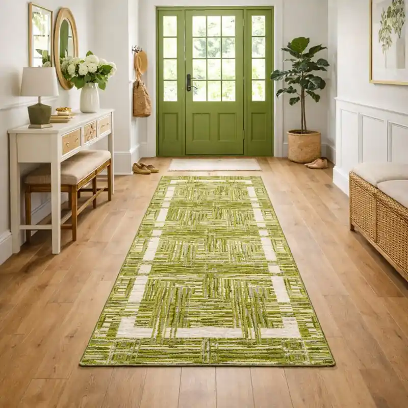 THAILAND - Tappeto Passatoia Corsia - Moderno Geometrico - Lavabile ed Antiscivolo - Ciniglia Jacquard - Verde