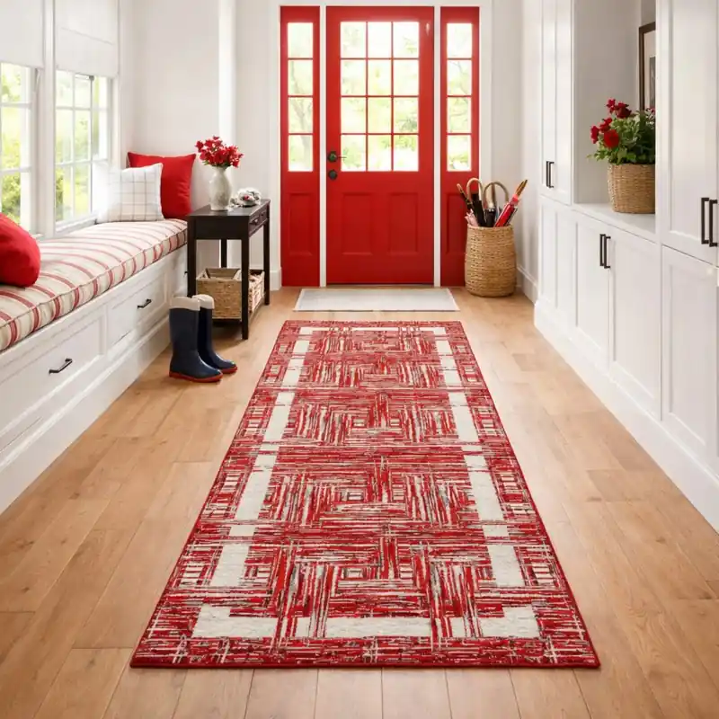 THAILAND - Tappeto Passatoia Corsia - Moderno Geometrico - Lavabile ed Antiscivolo - Ciniglia Jacquard - Rosso