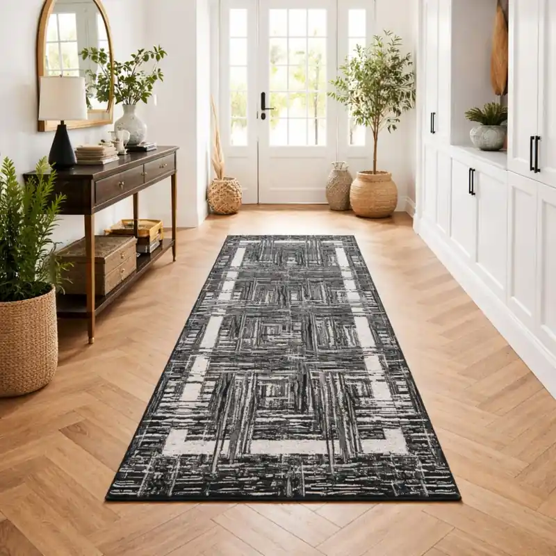 THAILAND - Tappeto Passatoia Corsia - Moderno Geometrico - Lavabile ed Antiscivolo - Ciniglia Jacquard - Nero