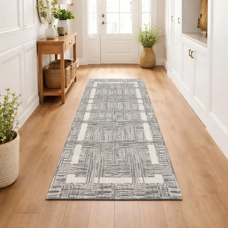 THAILAND - Tappeto Passatoia Corsia - Moderno Geometrico - Lavabile ed Antiscivolo - Ciniglia Jacquard - Grigio