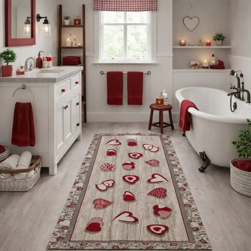 LOVELY - Tappeto Passatoia Corsia Cuori Shabby - Lavabile ed Antiscivolo - Lavabile ed Antiscivolo - Ciniglia Jacquard - Rosso