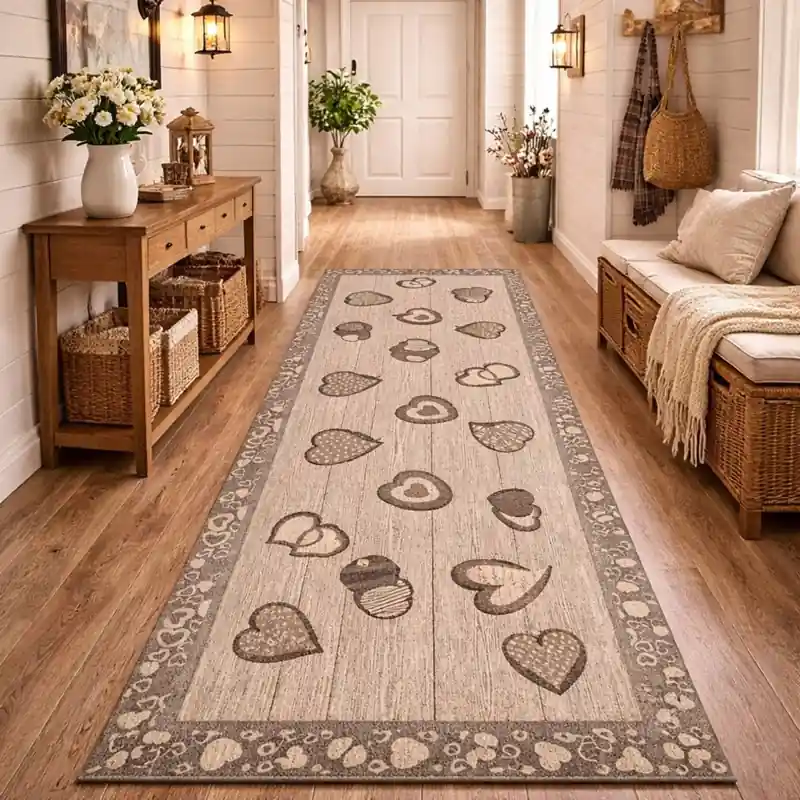 LOVELY - Tappeto Passatoia Corsia Cuori Shabby - Lavabile ed Antiscivolo - Lavabile ed Antiscivolo - Ciniglia Jacquard - Tortora