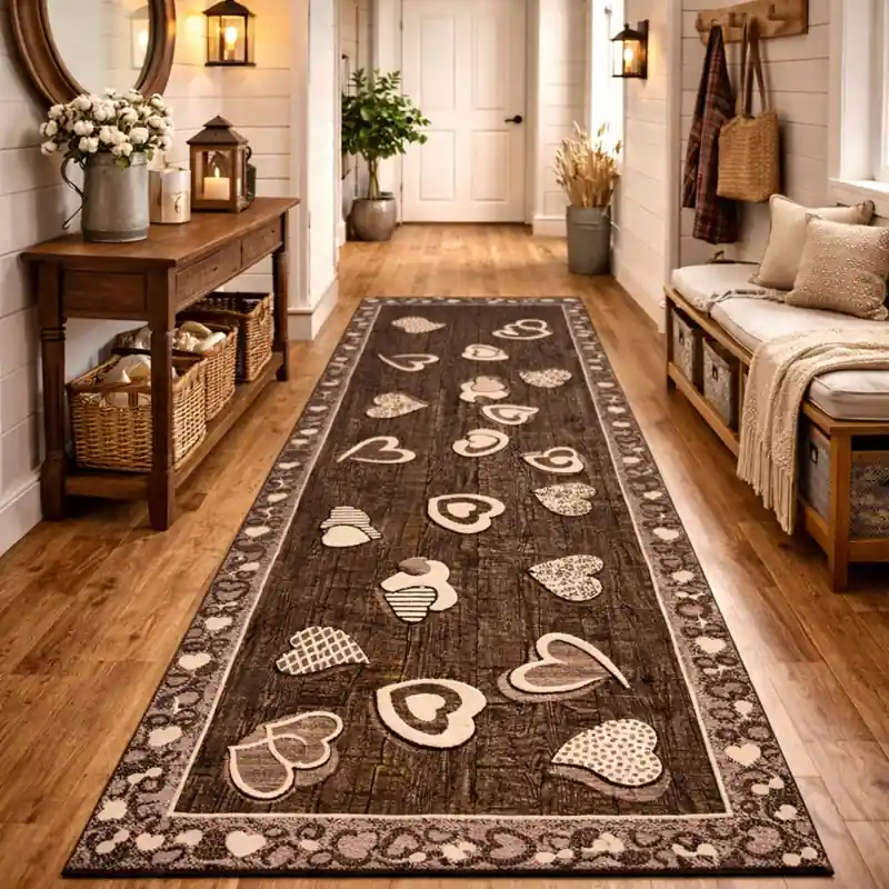 LOVELY - Tappeto Passatoia Corsia Cuori Shabby - Lavabile ed Antiscivolo - Lavabile ed Antiscivolo - Ciniglia Jacquard - Fango
