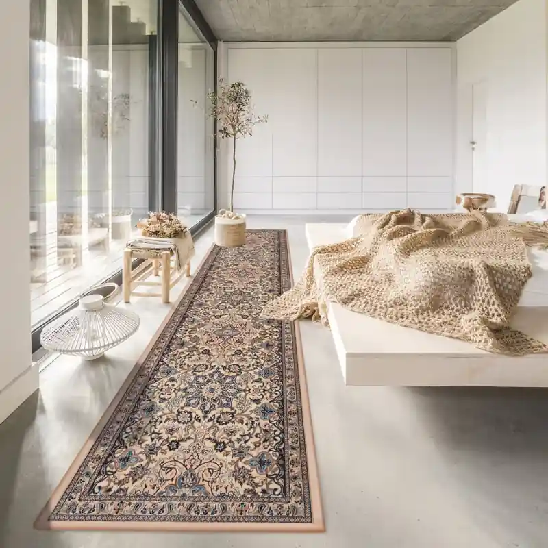 Tappeto Corsia Salotto Camera Lavabile Antiscivolo Classico Persiano Fiori Beige Blu NAIN CARAMELLO