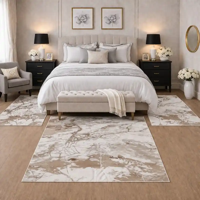 SIERRA - Tappeto Parure Scendiletto Moderno Sfumato Effetto Tridimensionale Effetto Marmo Tortora Grigio Avorio - B65A Rosa