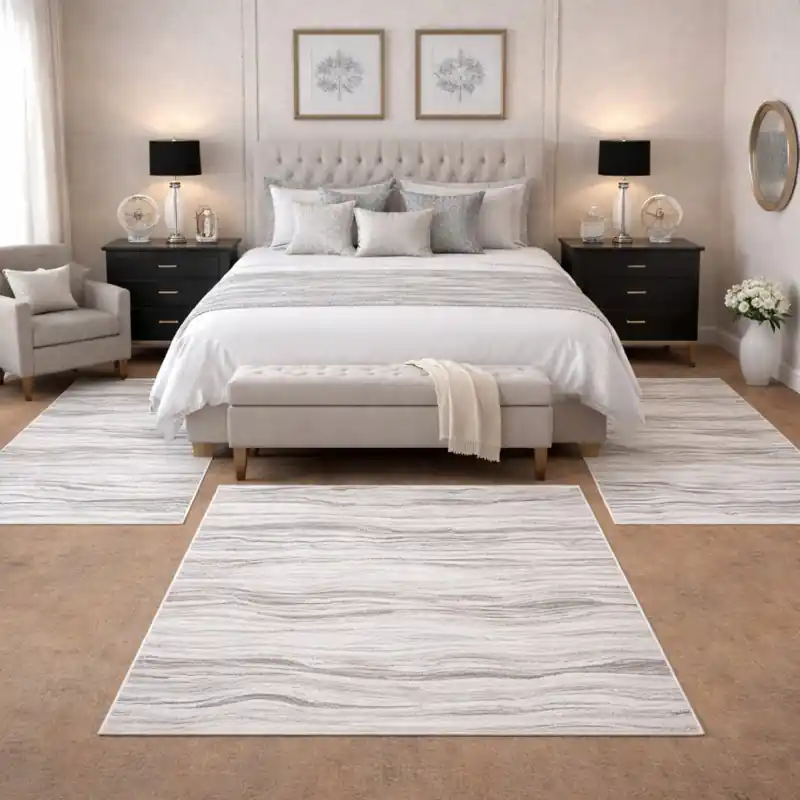 SIERRA - Tappeto Parure Scendiletto Moderno Sfumato Effetto Tridimensionale Effetto Marmo Tortora Grigio Avorio - 9253 Beige
