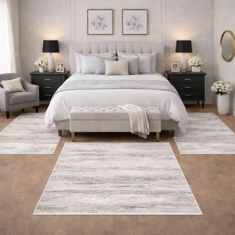 SIERRA - Tappeto Parure Scendiletto Moderno Sfumato Geometrico Effetto Tridimensionale Tortora Grigio Avorio - 9246 Beige