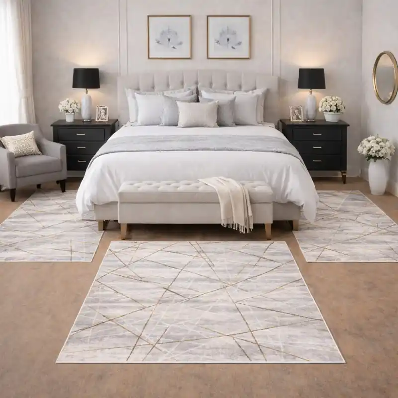 SIERRA - Tappeto Parure Scendiletto Moderno Sfumato Geometrico Effetto Tridimensionale Tortora Grigio Avorio - 9244 Beige
