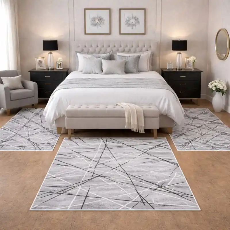 SIERRA - Tappeto Parure Scendiletto Moderno Sfumato Geometrico Effetto Tridimensionale Tortora Grigio Avorio - 9244 Grigio