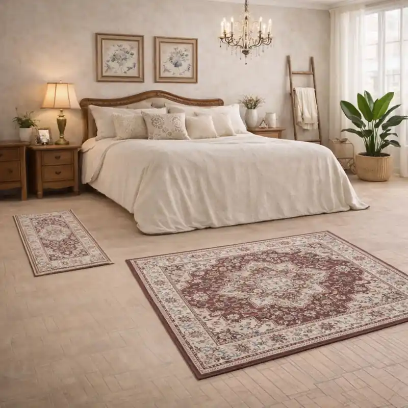 ESTRELLA - Tappeto Parure Scendiletto Classico Contemporaneo Stile Persiano Geometrico Effetto Vintage Beige Rosso K7072-E22272