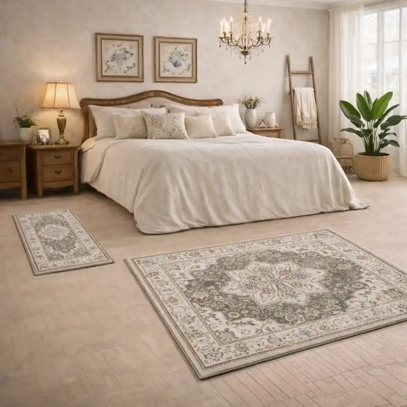 ESTRELLA - Tappeto Parure Scendiletto Classico Contemporaneo Stile Persiano Geometrico Effetto Vintage Beige Verde K7061-E22878