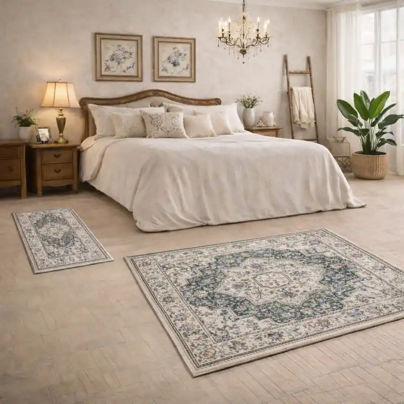 ESTRELLA - Tappeto Parure Scendiletto Classico Contemporaneo Stile Persiano Geometrico Effetto Vintage Beige Blu K7071-E22181