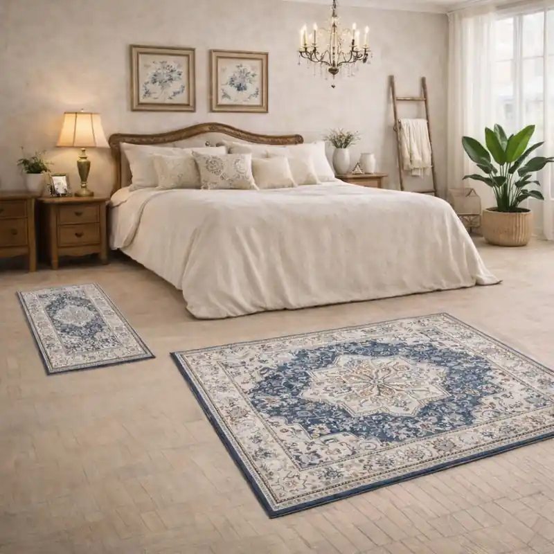 ESTRELLA - Tappeto Parure Scendiletto Classico Contemporaneo Stile Persiano Geometrico Effetto Vintage Beige Blu K7061-E22171