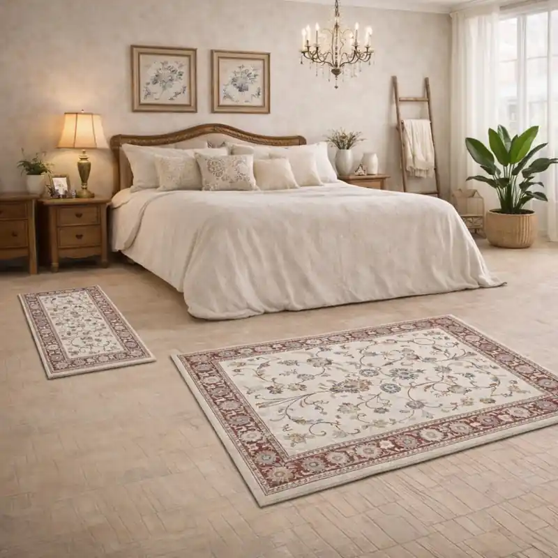 ESTRELLA - Tappeto Parure Scendiletto Classico Contemporaneo Stile Persiano Geometrico Effetto Vintage Beige Rosso K7051-E22727