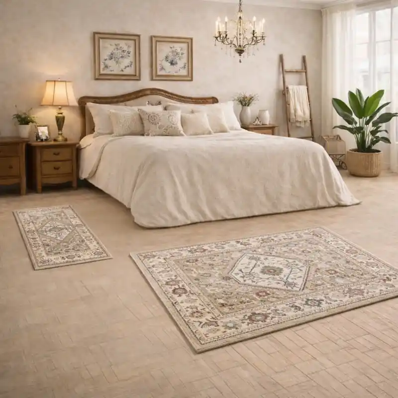 ESTRELLA - Tappeto Parure Scendiletto Classico Contemporaneo Stile Persiano Geometrico Effetto Vintage Beige J9642-E22575