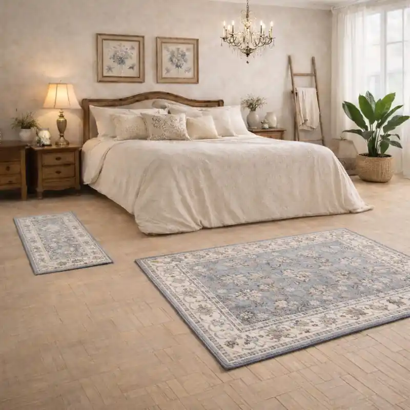 ESTRELLA - Tappeto Parure Scendiletto Classico Contemporaneo Stile Persiano Effetto Vintage Beige Azzurro J9461-E22676